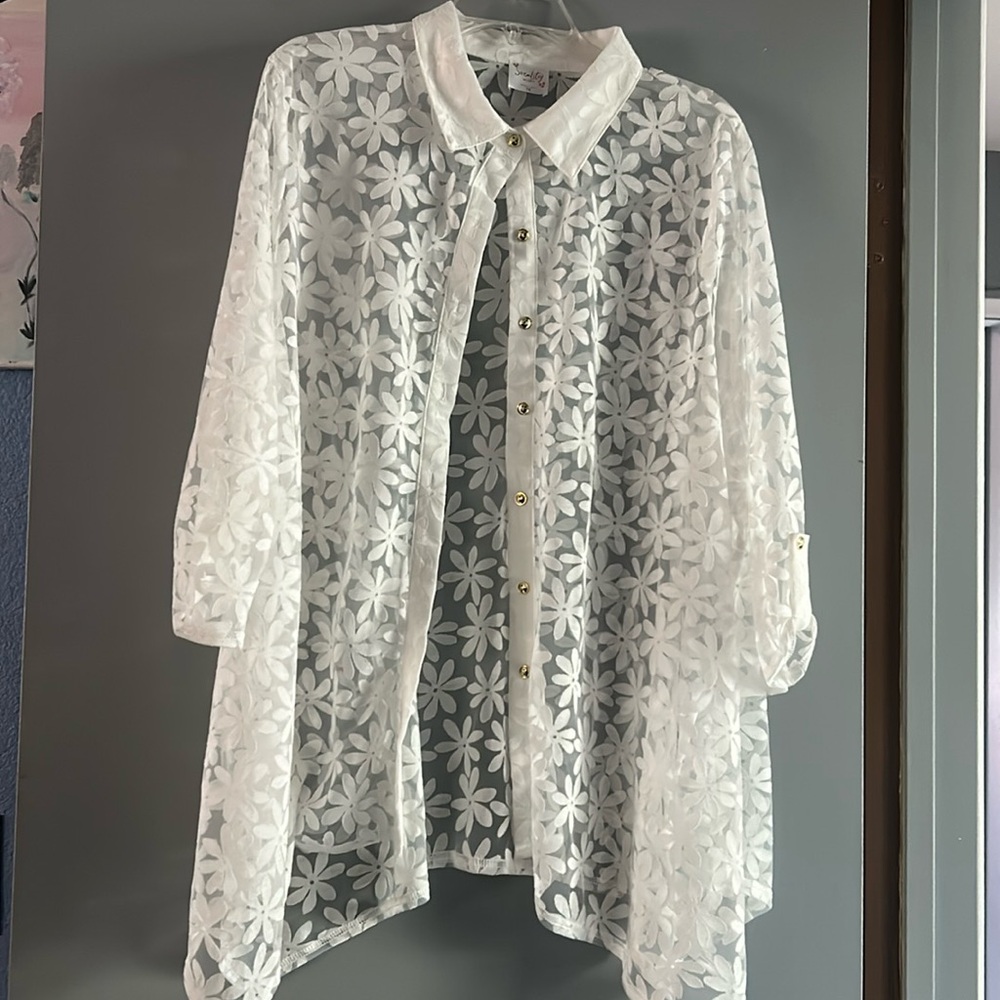 Siren Lily White Sheer Floral Button-Up Swim Coverup